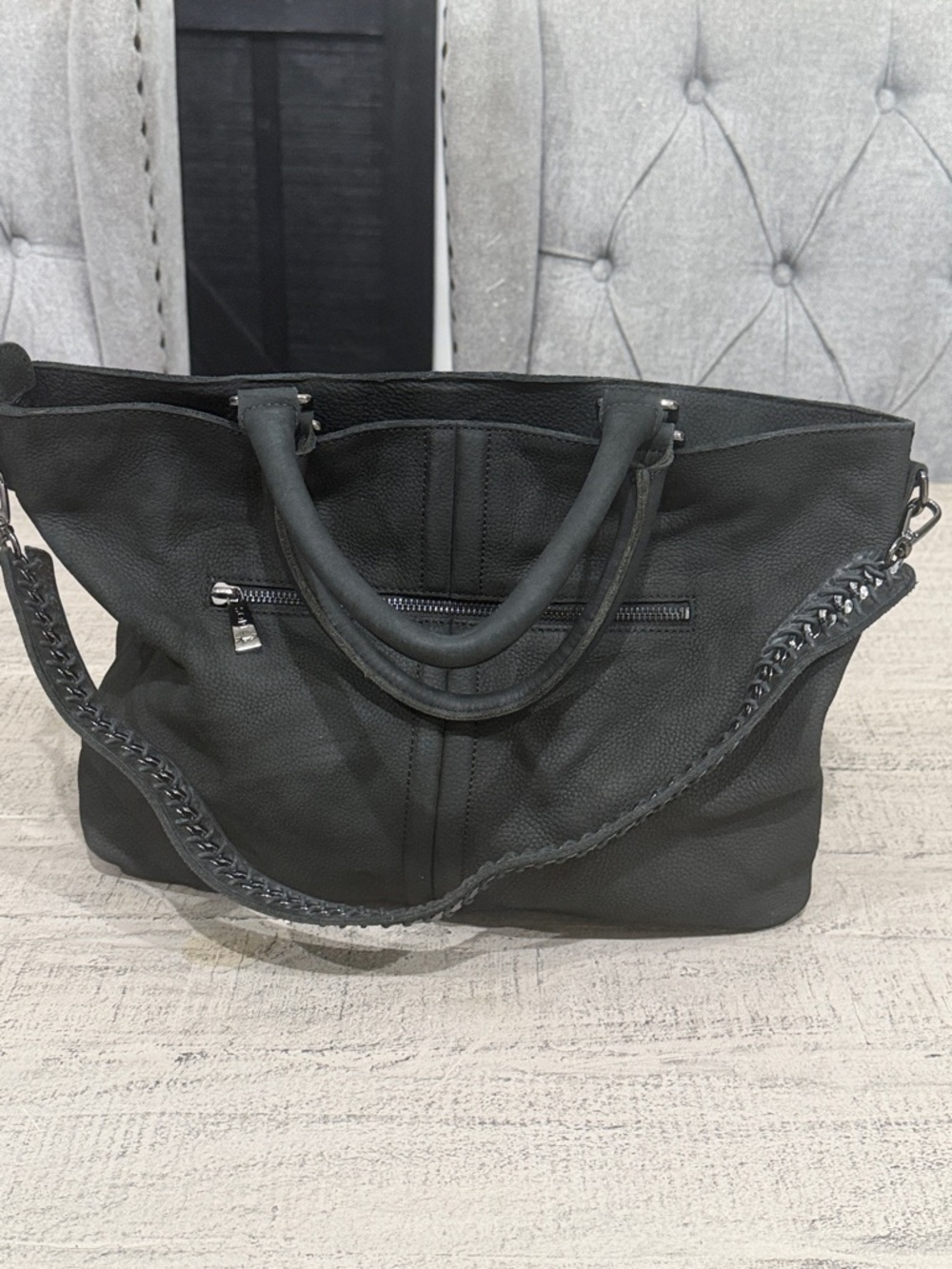 Sorial Black Leather Tote Handbag with Chain Strap
